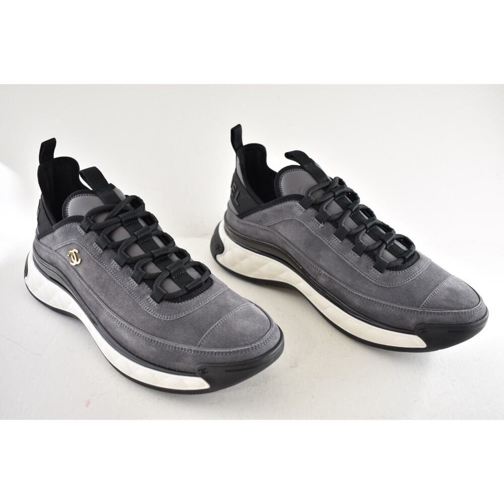 Chanel 23K Mens Grey Black White CC Logo Lace Up Low Top Trainer Sneaker 44 11 - Picture 4 of 13